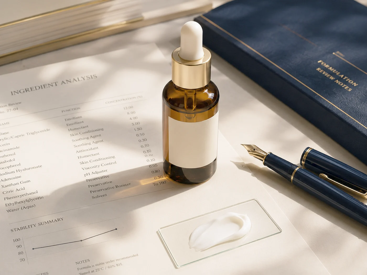 Análisis de ingredientes INCI junto a un sérum y un cuaderno de revisión de formulación