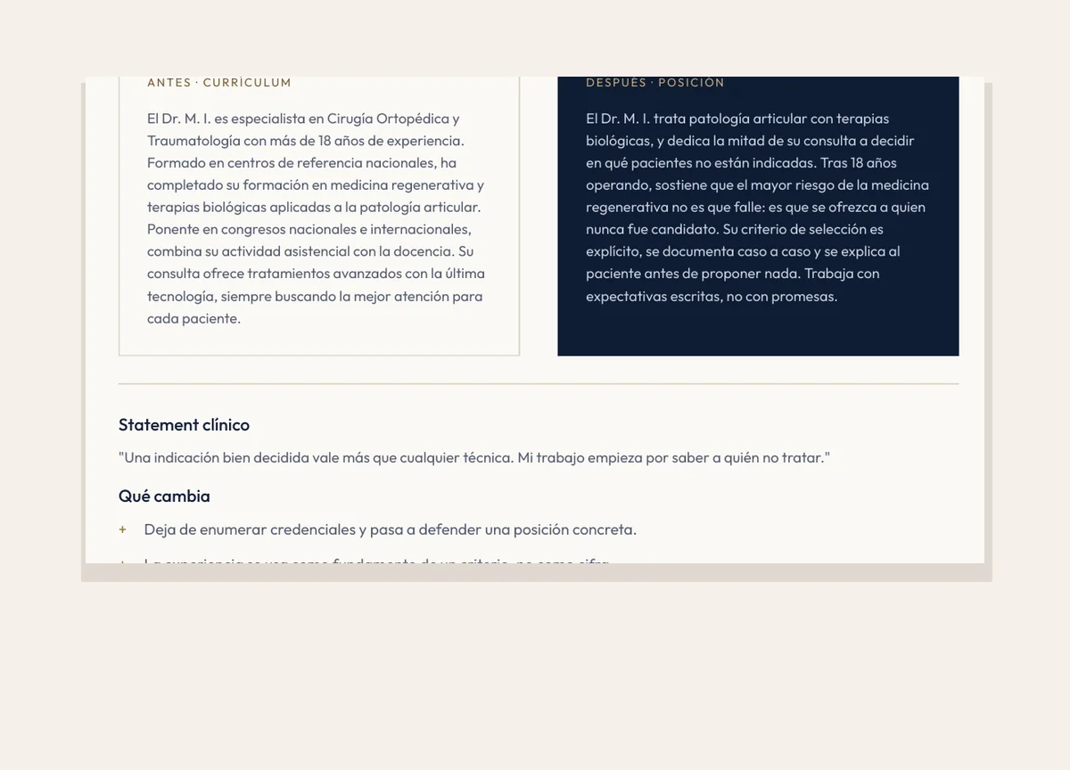 Comparación entre biografía genérica y statement clínico con posición definida