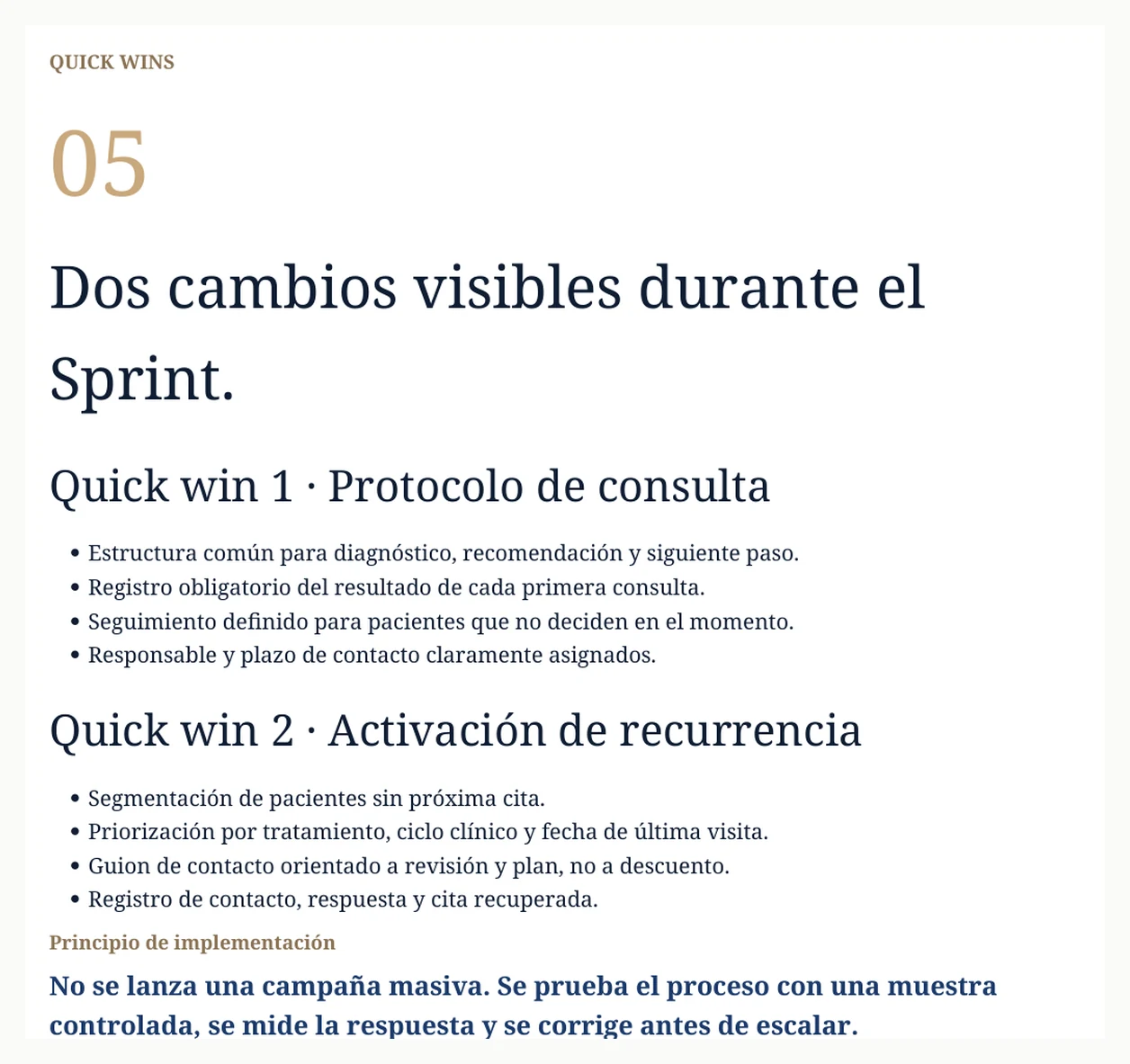 Quick wins del Sprint con protocolo de consulta y activación de recurrencia